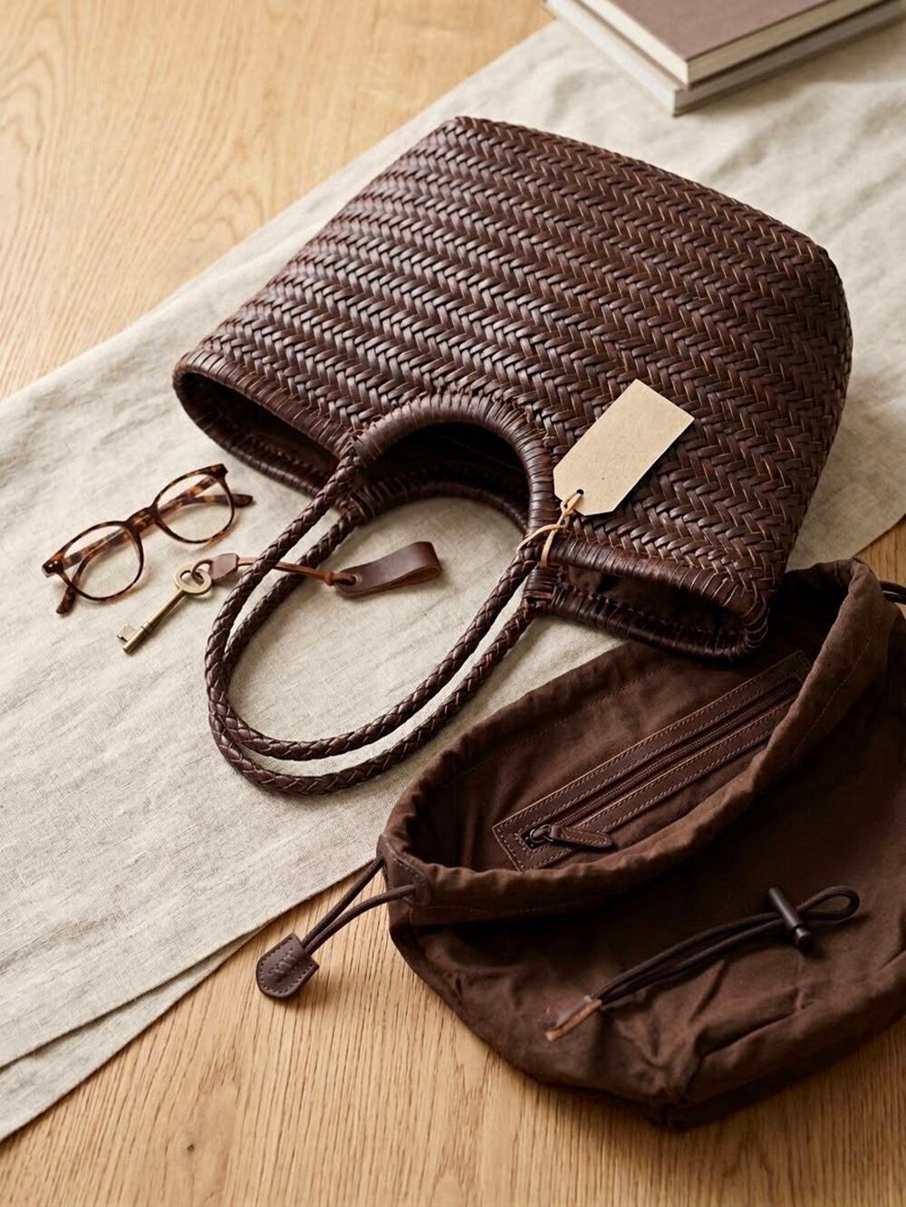 DarkBrown HandwovenLeather Basket Tote Bag BraidedHandles with Drawstring Insert